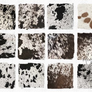 May include: A set of 12 digital seamless patterns featuring various black and white cowhide textures. The patterns are perfect for crafting projects, scrapbooking, and digital design.
