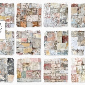 May include: A collection of twelve square digital images featuring distressed brick wall textures. The walls display a variety of colors, including red, pink, yellow, and gray, with visible signs of wear and tear, creating a vintage aesthetic. The images are arranged in a grid.