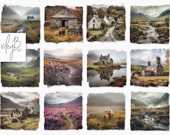 Scottish Highlands Digital Oil Painting PNGs - Scottish Landscapes - Scottish Highlands Clipart PNGs - Highland Cows - Heather and Thistles