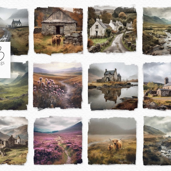 Scottish Highlands Digital Oil Painting PNGs - Scottish Landscapes - Scottish Highlands Clipart PNGs - Highland Cows - Heather and Thistles