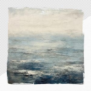May include: Abstract painting with a textured surface, depicting a seascape. The artwork features a blend of blue, white, and gray hues, evoking a sense of the ocean and sky. The edges of the canvas have a torn, unfinished appearance.