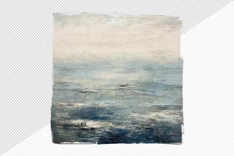 May include: Abstract painting with a textured surface, depicting a seascape. The artwork features a blend of blue, white, and gray hues, evoking a sense of the ocean and sky. The edges of the canvas have a torn, unfinished appearance.