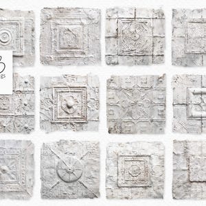 以下が含まれることがあります： 様々な装飾的なデザインが施された、白い天井タイル12枚。タイルはすべて少し傷んでおり、ビンテージな外観をしています。