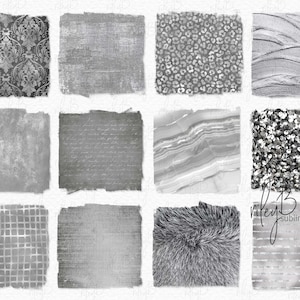May include: A set of 12 digital paper textures in shades of gray. The textures include damask, linen, sequins, fur, marble, and more.