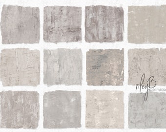 May include: Twelve digital paper textures in shades of gray and beige. The textures are abstract and resemble painted or textured surfaces.