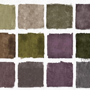 May include: Twelve digital paper squares with different shades of green, brown, and purple. The squares have a textured, watercolor-like appearance.