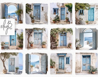 Pintura al óleo digital PNG de puertas griegas de color azul pálido - Puertas azules antiguas - Puertas griegas azules - Puertas de color azul claro - Arte mural de puertas - Puertas de color azul pálido