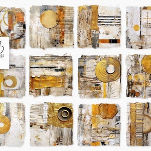 May include: A collection of twelve abstract art pieces. Each piece features a mix of textures, including torn paper and metallic gold accents. The color palette includes white, beige, gold, and touches of orange and black. The artwork is signed "rileyB pngs".