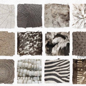 May include: A collage of 12 different textures in shades of brown, white, and black. The textures include wood, leather, feathers, and animal print.
