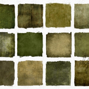 Könnte beinhalten: Zwölf digitale Papiertexturen in Grün- und Brauntönen. Die Texturen haben einen abgenutzten, Vintage-Look.