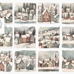 Puede incluir: Una colección de doce pinturas a la acuarela que representan escenas de pueblos nevados. La obra de arte presenta casas con tejados cubiertos de nieve, sobre un fondo de paisajes invernales. La paleta de colores incluye azules, grises y rojos apagados, evocando una atmósfera invernal y acogedora. La firma del artista, "rileyB pngs", está en la esquina superior izquierda.