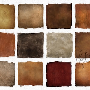 Op de afbeelding: Twaalf digitale papiertexturen in verschillende tinten bruin, beige en rood. De texturen hebben een verweerde, vintage uitstraling.