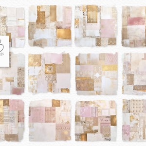 Soft Pink and Gold Collages PNGs – Blush Neutral Patchwork Textures – Vintage Paper Blocks – Pink Gold Mixed Media Squares