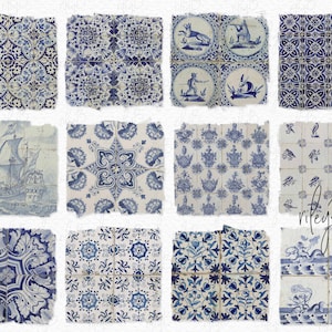 Blue Vintage Tiles PNGs - Old Tiles - Stone Texture - Ancient Floors - Blue and White Vintage Dutch Tiles - Antique Dutch Stone