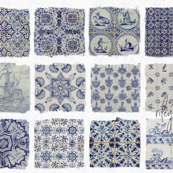 Blue Vintage Tiles PNGs - Old Tiles - Stone Texture - Ancient Flooring - Blue and White Vintage Dutch Tiles - Antique Dutch Stone