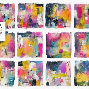 May include: A set of 12 digital abstract art backgrounds in bright colors like pink, yellow, blue, and green. The backgrounds are perfect for digital scrapbooking, card making, and other creative projects.