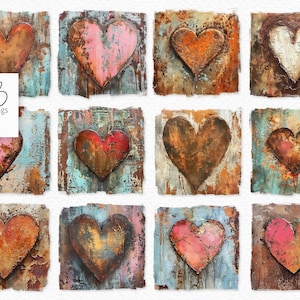 May include: Twelve square artworks showcasing textured heart designs. Each heart is a different colour, including shades of orange, pink, red, and brown, set against a distressed, rustic background with blue and brown tones. The artwork has a vintage feel.