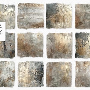 Könnte beinhalten: Eine Sammlung von zwölf quadratischen digitalen Kunsttexturen mit abstrakten Schichten aus metallischem Gold, Anthrazit und weißer Farbe mit einem abgenutzten, rauen und strukturierten Finish. Der Text rileyB pngs ist oben links sichtbar.