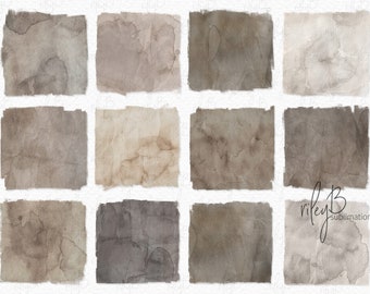 May include: Twelve digital paper textures in shades of brown, beige, and gray. The textures have a watercolor look and are perfect for digital scrapbooking, card making, and other craft projects.