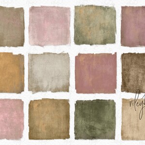 May include: A collection of twelve textured square digital papers in various muted colors, including shades of brown, pink, and green. The papers have a distressed, vintage appearance, with rough edges and a subtle, aged texture. The image includes the text "rileyB sublimation".