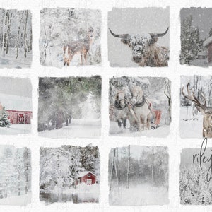May include: A collage of 10 winter-themed images. The images include a snowy forest, a red barn, a deer, a cow, a horse-drawn carriage, and a snowy landscape. The images are all in a watercolour style.