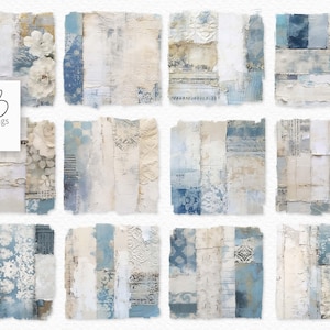 Op de afbeelding: Een verzameling van twaalf vierkante digitale kunstwerken. Elk stuk toont een collage van getextureerd papier in tinten wit, crème en blauw. Sommige stukken bevatten bloemen- en patroonelementen. Het logo van de kunstenaar, "rileyB pngs", is zichtbaar.