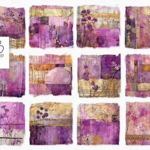 May include: A collection of twelve square watercolor art prints in shades of purple, gold, and beige. Each print features abstract floral and botanical designs with textured paper effects. The prints are arranged in a grid pattern.