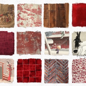 Oriental Red Textures PNGs - Antique Chinese Japanese Art - Old Red Wall - Red Mosaic Tiles - Herringbone Paving - Old Wood Floorboards