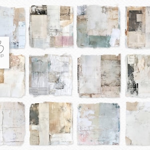 May include: A collection of twelve square digital art pieces with a distressed, collage-like aesthetic. The pieces feature torn paper textures in neutral tones of white, beige, and gray, with hints of pale blue and pink. The artist's logo is in the upper left corner.
