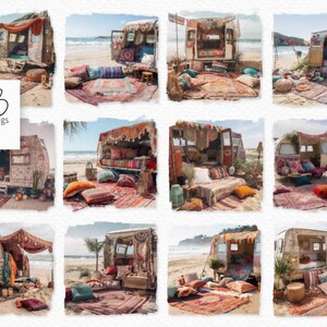 Pintura de PNGs de caravanas de praia boho - PNGs de caravanas de praia boho - Camping boho digital - PNGs de acampamento de praia - Vida na praia boho