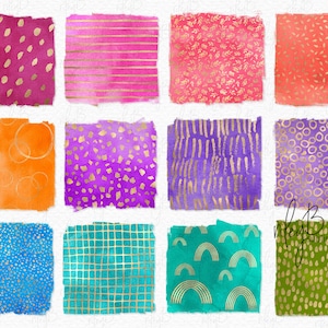 May include: Twelve digital paper squares with watercolour backgrounds and gold foil patterns. The patterns include polka dots, stripes, leaves, lines, circles, and geometric shapes.