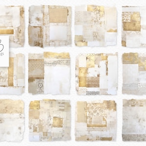 May include: Twelve square digital art pieces with a collage aesthetic. Each features torn paper textures in white, cream, and gold. The artwork includes decorative patterns and the text "rileyB pngs".