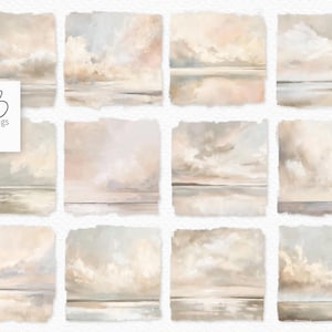 Puede incluir: Una colección de doce pinturas cuadradas en acuarela que representan paisajes serenos con cielos nublados y agua reflectante. La paleta de colores incluye tonos beige suave, gris y azul pálido. La firma del artista, "rileyB pngs", está en la esquina superior izquierda.