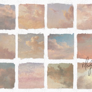 May include: Twelve digital collage sheets featuring painted sky backgrounds with clouds in various shades of blue, pink, and yellow. The backgrounds are reminiscent of oil paintings.