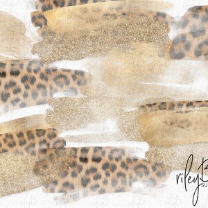 May include: Abstract digital paper with a gold glitter and leopard print pattern. The design features brushstrokes in shades of brown and gold. The text "rileyB sublimation" is in the bottom right corner.