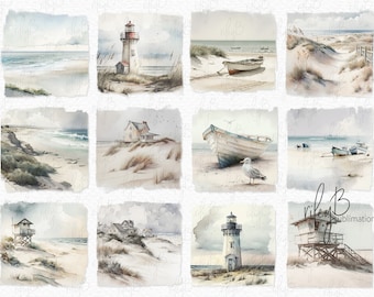 Soft Coastal Watercolor PNGs - Digital Coastal Scene PNGs - Beach Background - Sea Watercolors - Beach Sublimation - Ocean Backgrounds