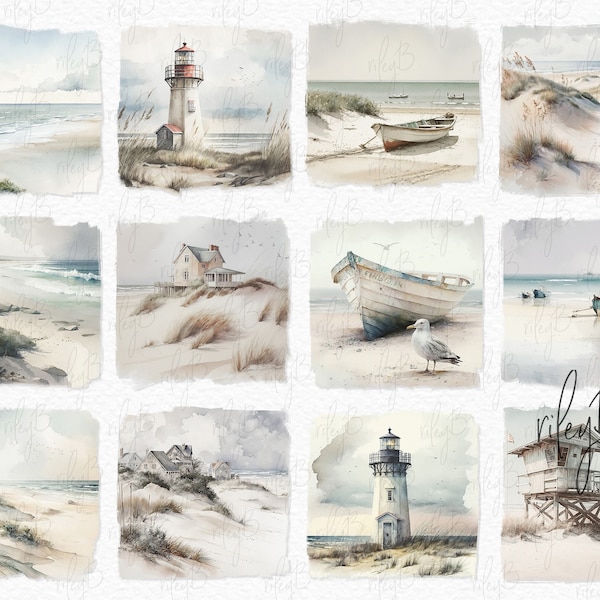 Soft Coastal Watercolor PNGs - Digital Coastal Scene PNGs - Beach Background - Sea Watercolors - Beach Sublimation - Ocean Backgrounds