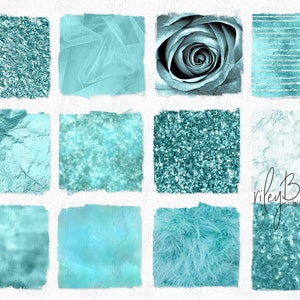 Pode incluir: Uma colagem digital de 12 texturas diferentes em tons de turquesa e azul-esverdeado, incluindo glitter, mármore, folha e tecido. As texturas estão dispostas em uma grade e têm um visual desgastado e vintage.