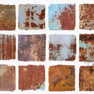 Puede incluir: Doce texturas de papel digital que presentan varios tonos de óxido, azul y marrón. Las texturas recuerdan al metal desgastado con pintura descascarada y óxido.