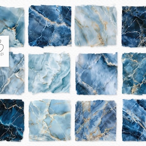 May include: Twelve digital paper textures featuring blue and gold marble patterns. The marble patterns have a light blue, dark blue, and gold color scheme. The textures are perfect for digital scrapbooking, card making, and other digital crafts.