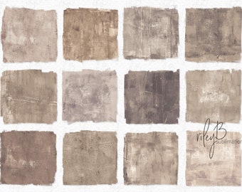 May include: Twelve digital paper textures in shades of brown, beige, and gray. The textures have a distressed, vintage look.