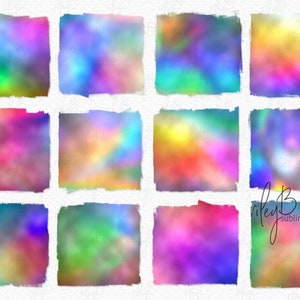 May include: Twelve digital backgrounds with a blurred, watercolour-like effect in various shades of blue, green, pink, purple, yellow, and orange. The backgrounds are perfect for digital scrapbooking, graphic design, and other creative projects.