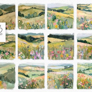 PNG's met pastellandschap – glooiende heuvelskunst – velden met wilde bloemen – zachtgroene en roze landschappen – landschapsscènes met verftextuur