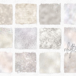 May include: Twelve digital paper backgrounds in shades of white, grey, and beige. The backgrounds feature various textures, including glitter, confetti, and stripes.