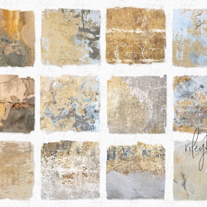 May include: Twelve digital collage sheets featuring distressed, textured, and weathered wall backgrounds in shades of beige, brown, and blue. The textures are reminiscent of old plaster, chipped paint, and cracked concrete.