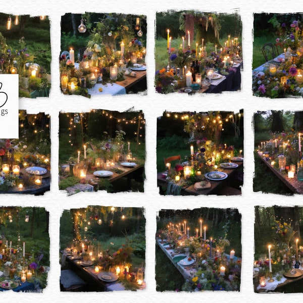 Magical Forest Party Oil Painting PNGs - Forest Dinner Party - Digital Candlelight Dinner - Forest Party - Fairy Dinner Party in the Forest