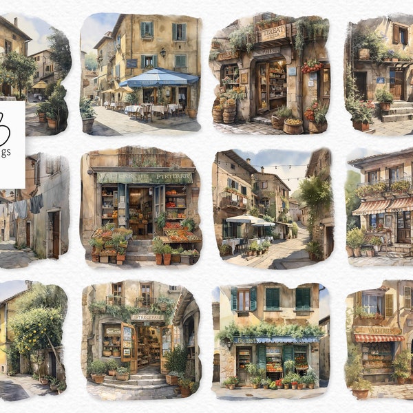 Tuscan Village Watercolor PNGs - Tuscan Digital Watercolors - Digital Italian Scenes - Tuscan Villages Watercolor PNGs - Tuscany PNGs