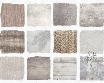 Puede incluir: Un conjunto de 12 texturas de papel digital en varios tonos de marrón, beige y blanco. Las texturas incluyen madera, hormigón, tejido tejido y más.
