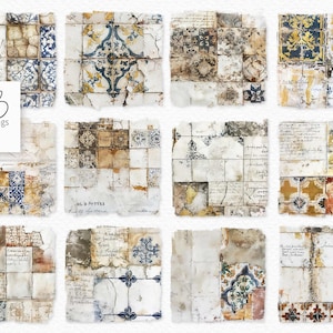 Könnte beinhalten: Eine Sammlung von zwölf quadratischen digitalen Kunstwerken mit abgenutzten Fliesen im Vintage-Stil. Die Fliesen zeigen verschiedene Muster in Blau, Gelb und Braun, mit gealterten Papierstrukturen und handschriftlichen Elementen.