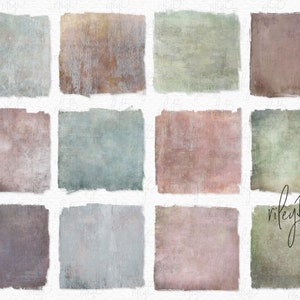 Op de afbeelding: Twaalf digitale papiertexturen in een rasterpatroon. De texturen zijn in tinten bruin, groen, blauw en roze. De texturen hebben een verweerde, vintage uitstraling.